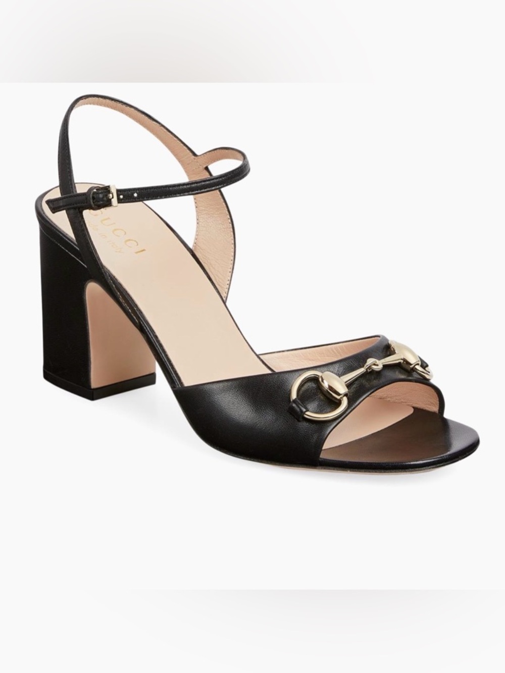 Gucci Black Leather Block Heel Sandals with Gold Horsebit